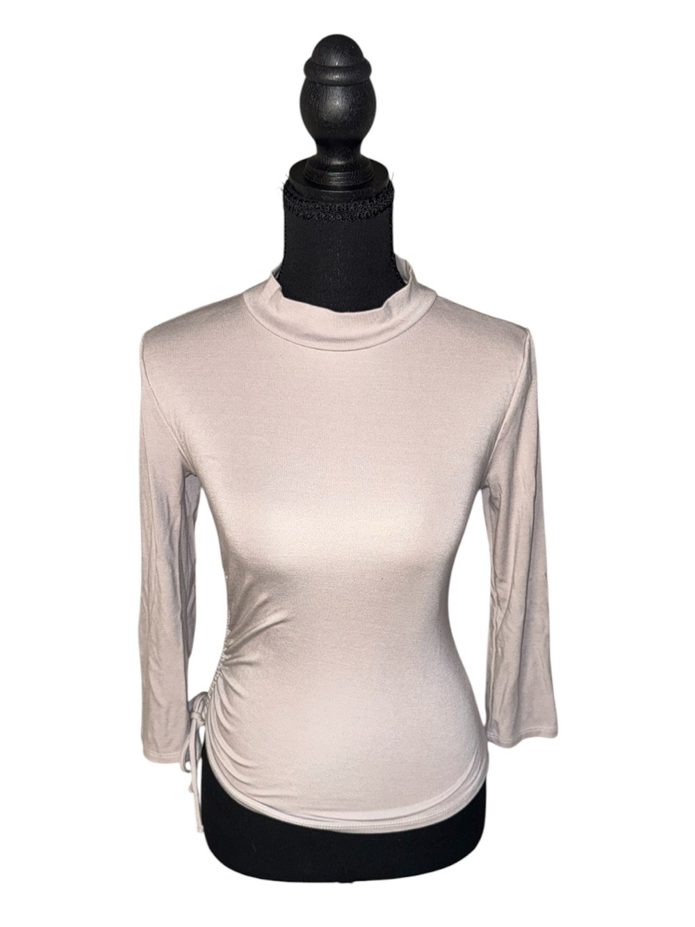Women’s Taupe Movk Neck Long Sleeve Top with Ruched Side